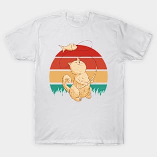 Cat Fishing Retro Sunset P T-Shirt